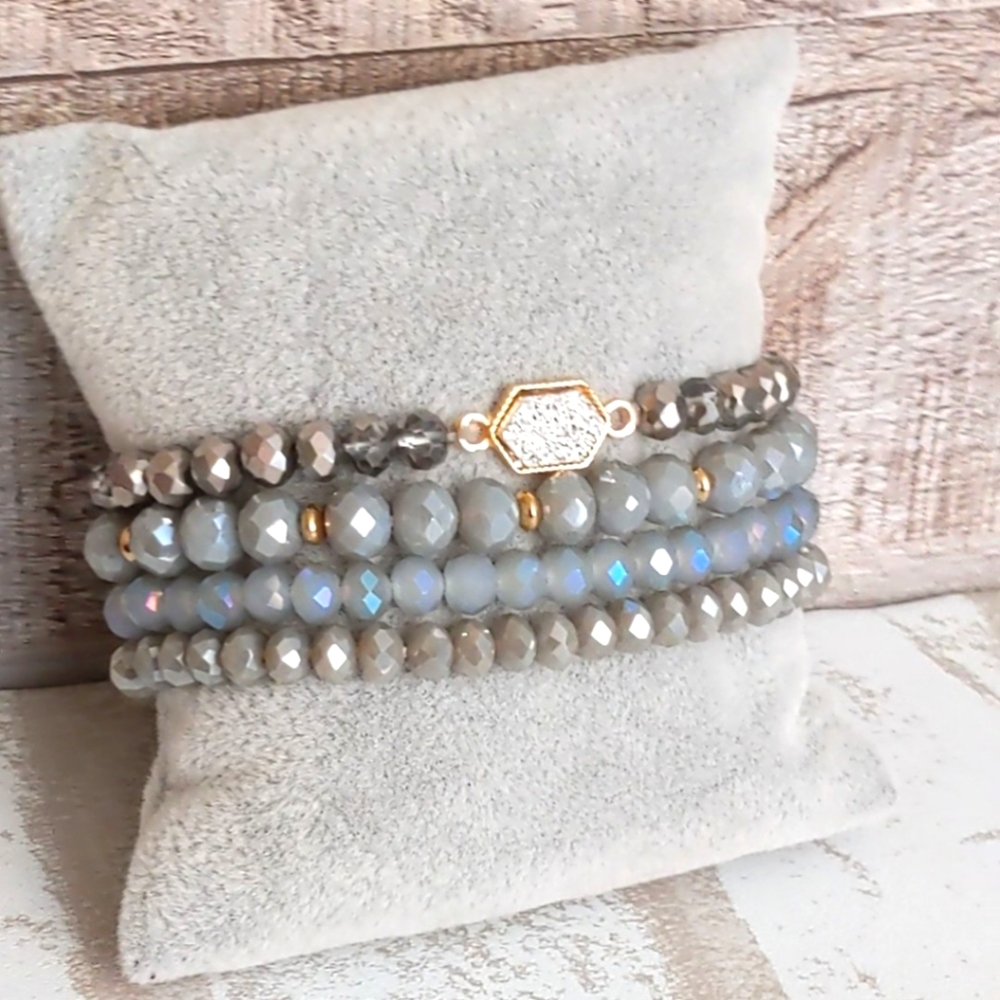 Silver & Gray Crystal Beaded Boho Bracelets Multi Layer Stretch Natural Gemstone - Picture 8 of 12